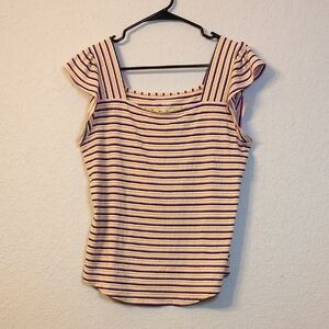 Ana Multi Color Stripe Square Neck Ruffle Sleeve Blouse - Large